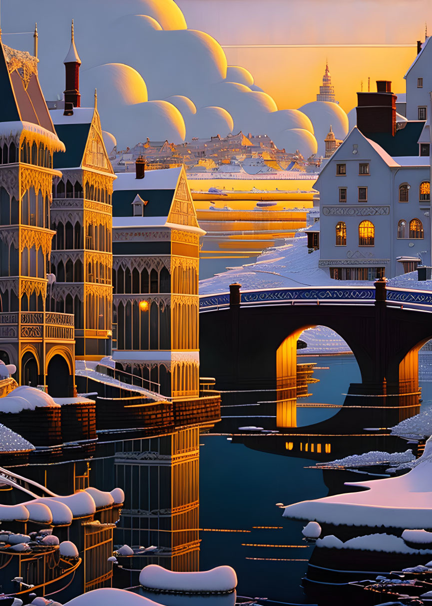 Snowy cityscape: Ornate buildings and bridges in sunset reflection