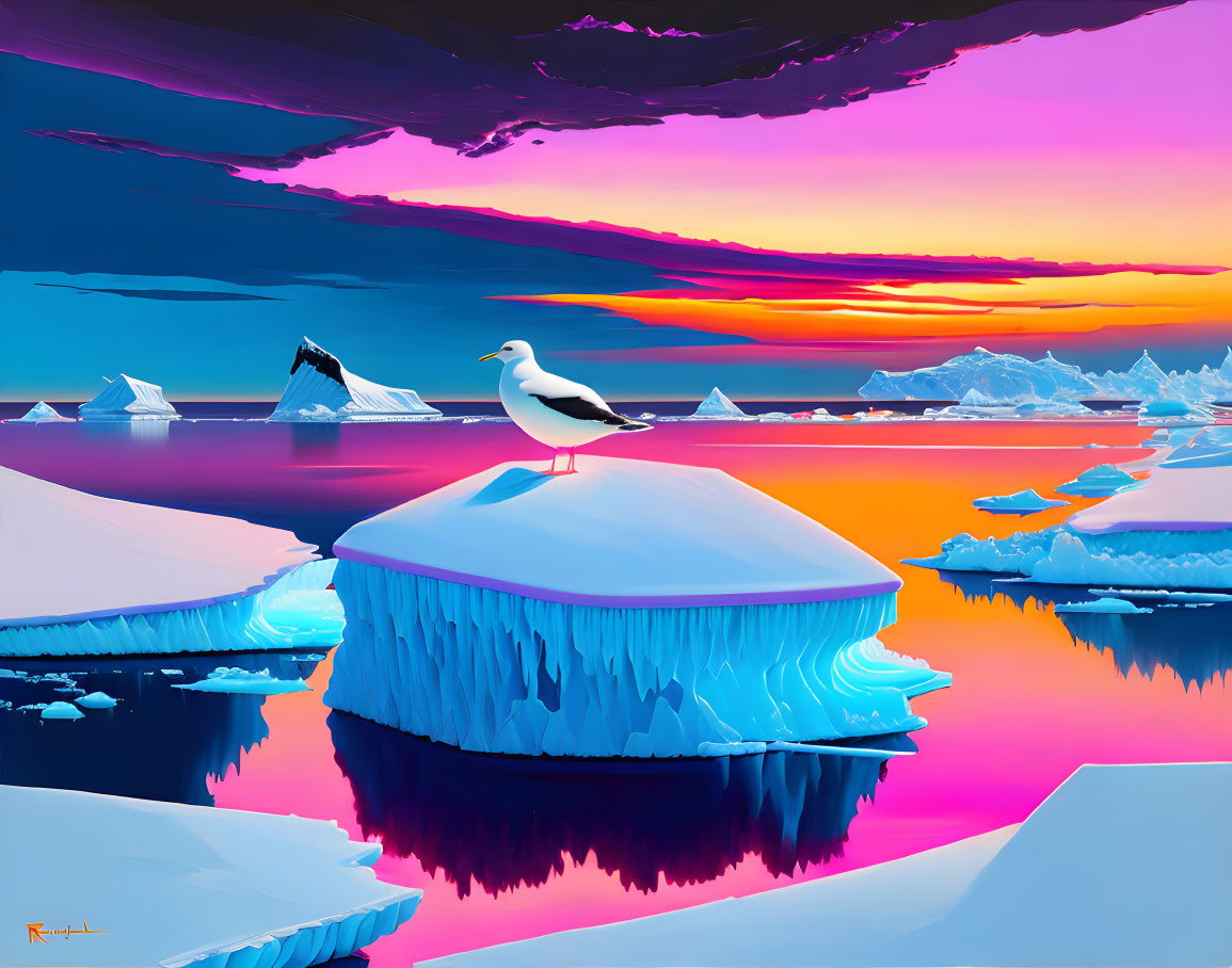 Neon-colored digital art of polar scene with icebergs and seagull