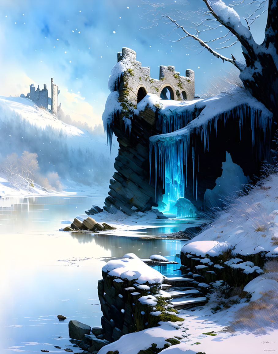 Snow-covered ancient ruin on cliff with icicles overlooking calm river and distant castle silhouette