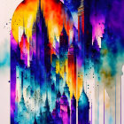 Colorful Watercolor Painting of Cityscape Blending with Cosmic Background