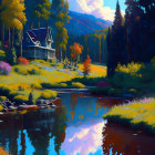 Scenic lakeside digital artwork with cabin, trees, and mountains