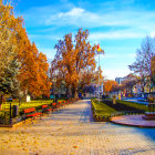 Colorful cityscape with round trees and royal characters on cobblestone path