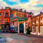 Vibrant town artwork with colorful architecture, flower-lined streets, and classic car