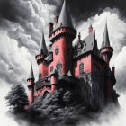 Pink Gothic-Style Castle with Multiple Spires in Ominous Setting