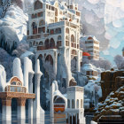 Fantastical winter cityscape with ornate towers and icy trees under dreamy sky