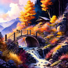 Vibrant autumn landscape: foliage, cabin, stone bridge, sunlight