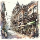 Colorful city street scene with pedestrians, balconies, and bistro in watercolor style