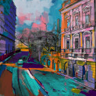 Colorful Urban Street Scene Artwork with Sketch-like Buildings