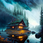 Rustic cabin by tranquil lake at twilight with misty hills