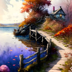 Tranquil lakeside scene with wooden path, gazebo, autumn foliage, and clear sky