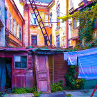 Vibrant Street Scene with Colorful Buildings and Person on Balcony