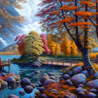 Scenic autumn village by serene lake and mountains