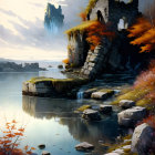 Autumnal castle ruins reflected in serene waters