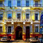 Vibrant artistic depiction of classic building facade and parked cars under clear sky