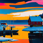 Vibrant maritime scene with colorful boats near red house