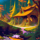 Colorful Enchanted Forest Scene with Thatched-Roof Cottages