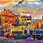 Colorful painting of whimsical town with curvy buildings and cobalt blue car under surreal orange sky