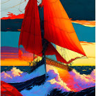 Colorful sunset seascape illustration with sailing boat and red sails