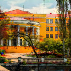 Colorful landscape with river, buildings, foliage, and castle at twilight