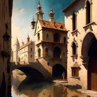 European-style building with arched windows and terracotta roofs by a water bridge