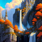 Digital Art: Cascading Waterfall in Autumn Setting