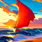 Colorful sailboat painting under sunset sky.