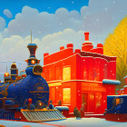 Illustration of blue vintage train at ornate station with futuristic skyscrapers