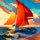 Colorful sailboat on blue ocean at sunset