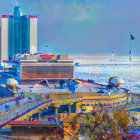 Colorful cityscape with ornate buildings against moonlit ocean and floating islands