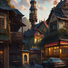 Old-fashioned village with clock tower, cobblestone paths, river - serene evening scene