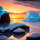 Surreal Arctic landscape with icebergs and sunset sky