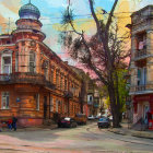 Detailed Painting: City Street Scene with Autumn Foliage, Ornate Architecture, Cars, and Ped