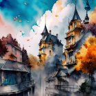 Fantasy artwork of misty European village in autumn.