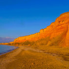 Colorful animated autumnal cliff-side palace overlooking serene bay with boats and flora under blue sky.