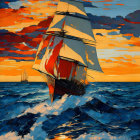 Stylized tall ship with full sails on choppy sea under orange and blue sky