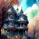 Detailed Victorian-style mansion illustration with autumn trees and vibrant sky