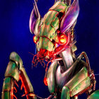 Colorful Robotic Praying Mantis with Glowing Red Eyes on Dark Blue Background