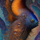 Stylized ornamental fish in gold and blue tones on dark blue background