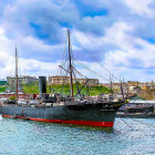 Vividly colored fantasy cityscape with ornate buildings and sailboats on a calm river