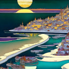 Detailed Fantasy Cityscape with River and Setting Sun