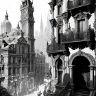 Detailed Monochrome Fantastical Gothic Cityscape Illustration