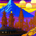 Fantasy landscape with golden spires and flame-like patterns at sunset