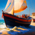 Colorful Sailboat Painting on Sunny Beach with People and Waves