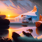 Surreal landscape with ice-capped peaks and golden clouds