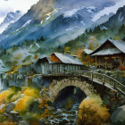 Tranquil landscape with wooden bridge, waterfall, mountain, cabin, autumn foliage