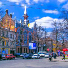 Twilight city street scene with vintage storefronts and pedestrians