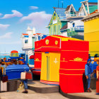 Historical coastal scene with people in 20th-century attire, buildings, and sailing ship