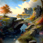 Ancient stone bridge over stream in idyllic landscape