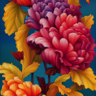 Colorful digital artwork featuring stylized flowers in orange, yellow, and purple on dark blue.