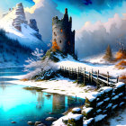 Snowy hill with ancient castle ruins in serene winter scene